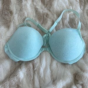 Light blue front hook racer back bra